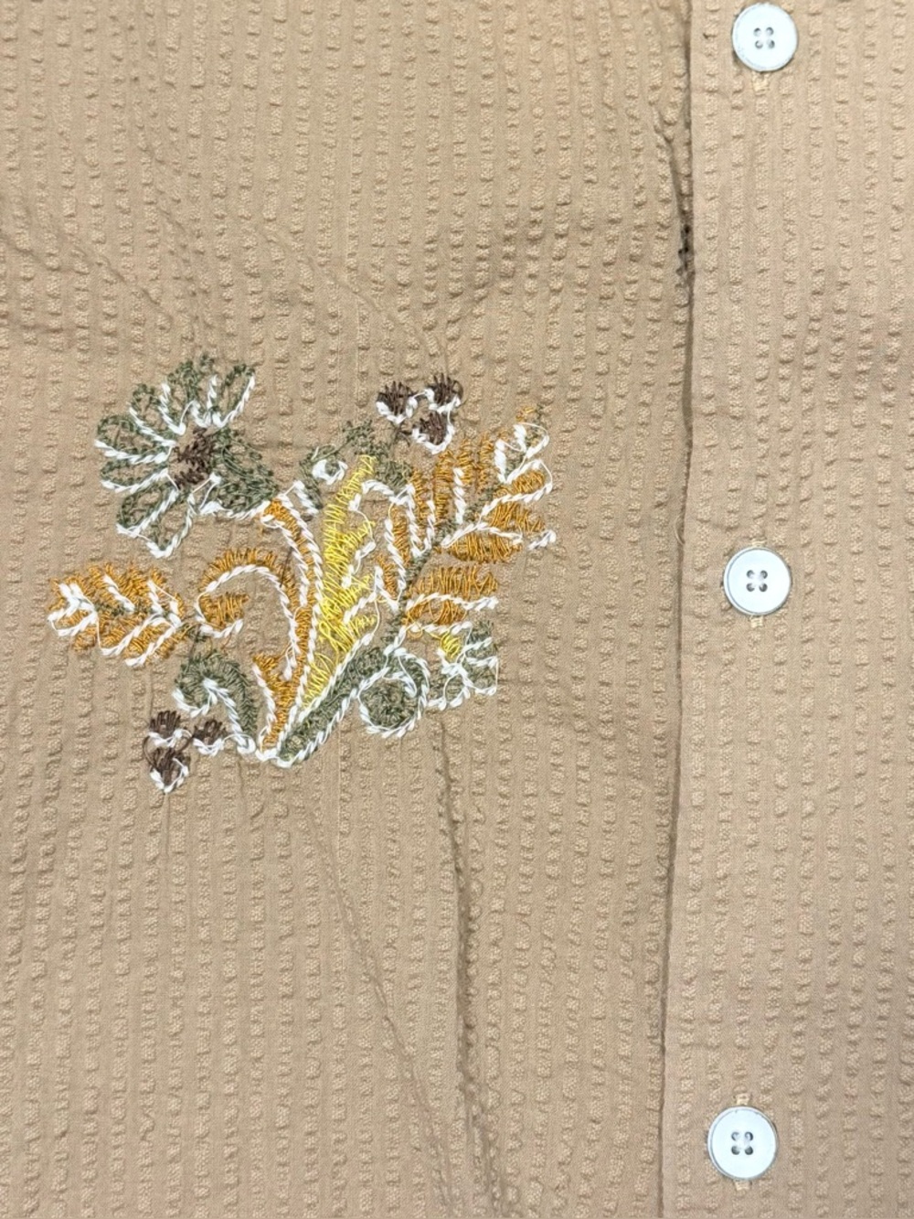 Free Planet Embroidered Seersucker Button Down Shirt in Tan Size Large - Picture 5 of 7